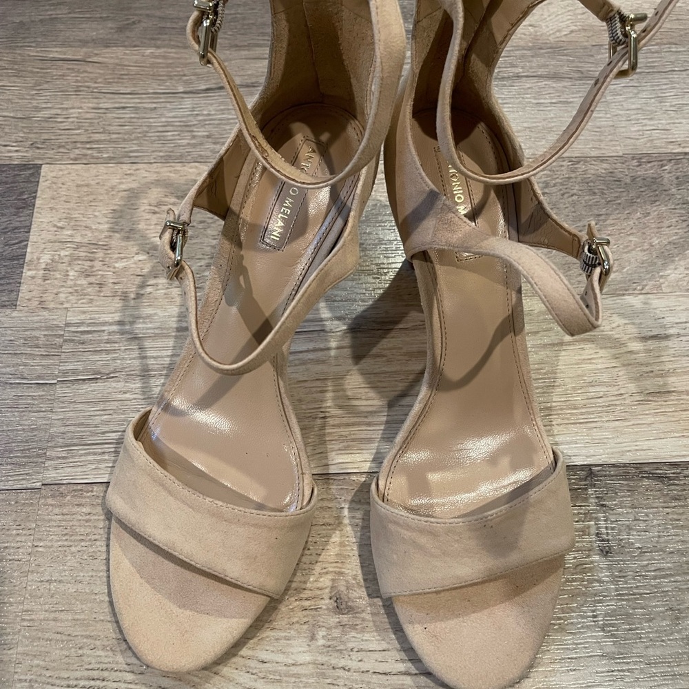 ANTONIO MELANI Beige Suede Ankle-Strap Wedge Sandals